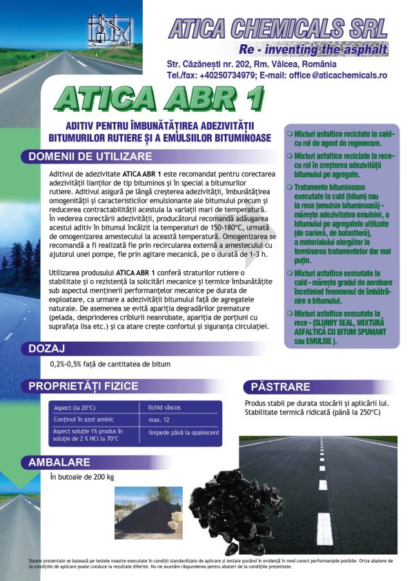 ATICA ABR 1 | Aditiv pentru îmbunătățirea adezivității bitumurilor rutiere și a emulsiilor bituminoase